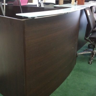 curved reception desk with glass transaction counter espresso laminate