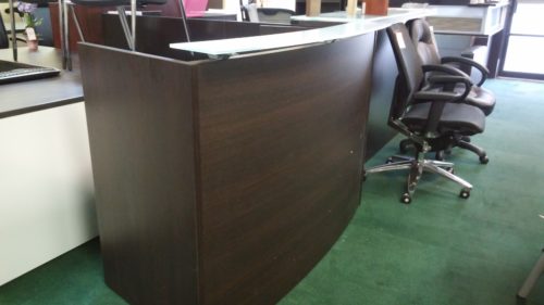 curved reception desk with glass transaction counter espresso laminate
