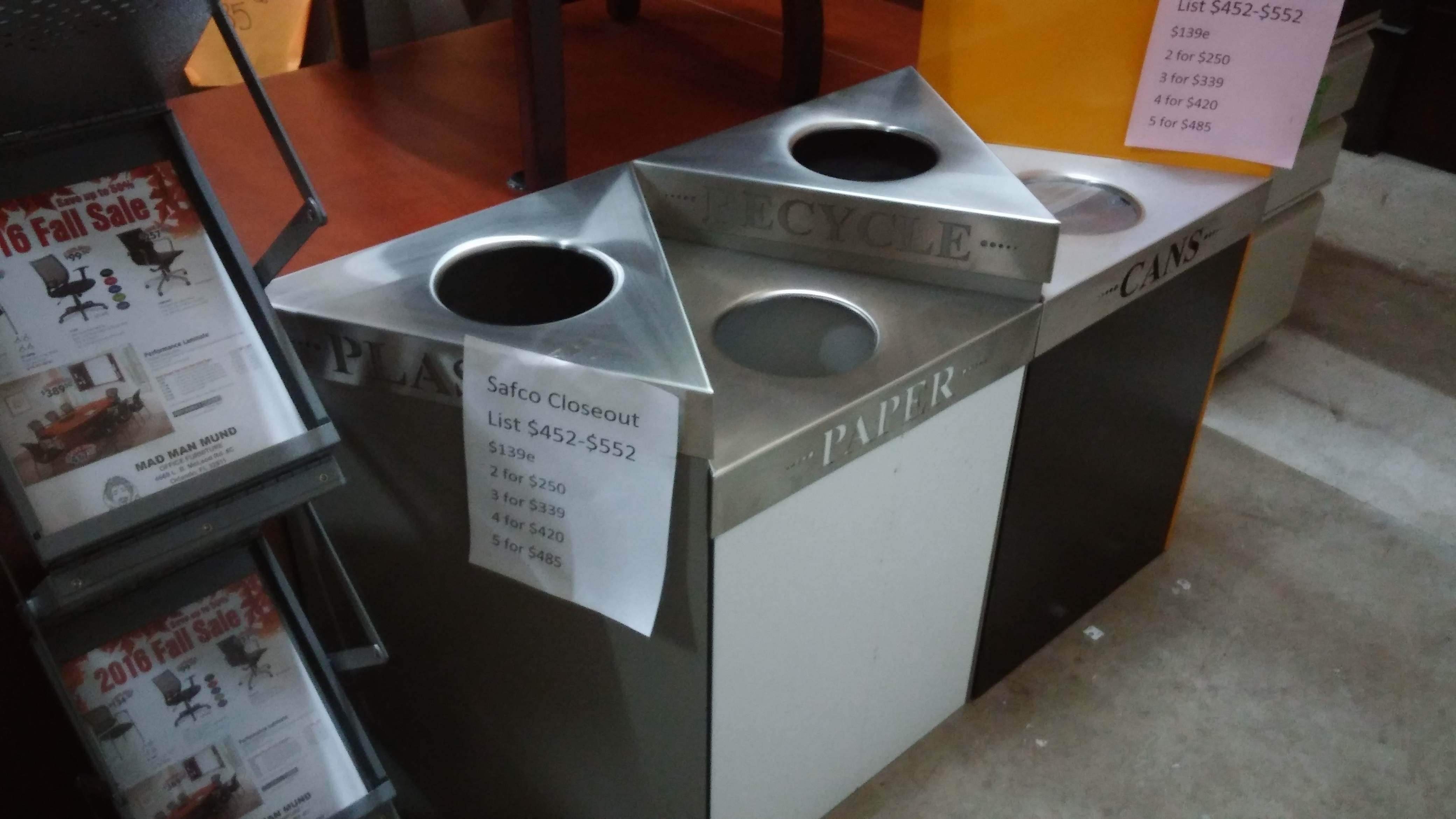 Triangle shaped Trifecta Waste/ Recycling Receptacles by Safco