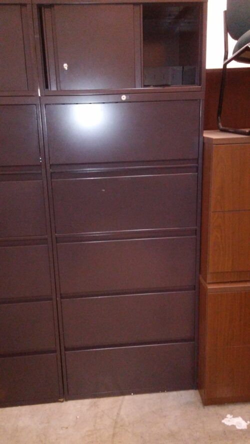 Used Steelcase 30"w 5 drawer lateral file with overhead storage cabinet charcoal