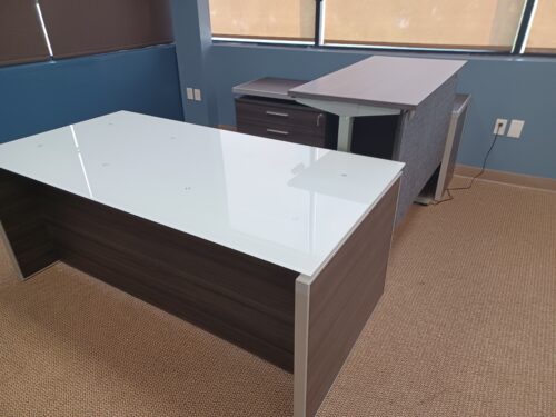 Glass top desk U w/ adjustable height bridge