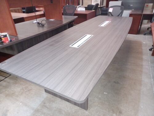 Floor model 12' boat shaped conference table gray