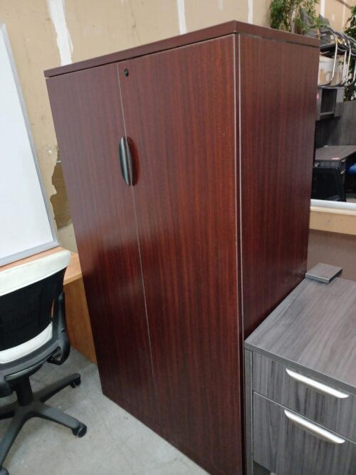 Floor model 66" 2-door storage cabinet-mahogany laminate