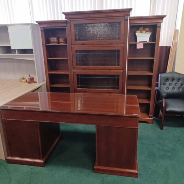 Used traditional 30" x 66" desk with 2- pencil/box/file drawer pedestals & Barrister bookcase set