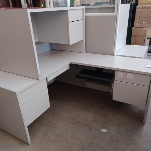 Used 30 x 60- 20 x 45 L desk with 2-box-file pedestals light gray