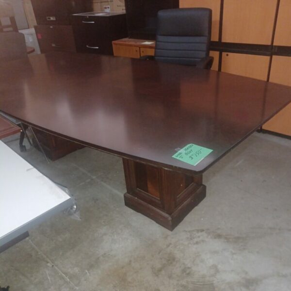 Used wood 8' conference table mahogany & 8 mid back conference chairs black